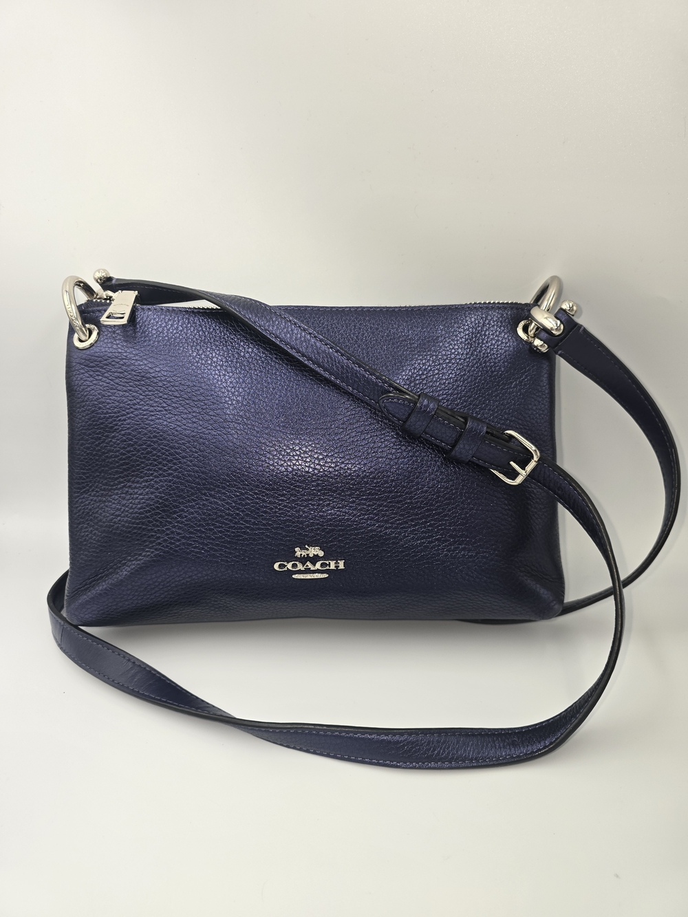 COACH F80333 Mia Crossbody Bag Purse Metallic Navy Blue Pebble Leather Silver